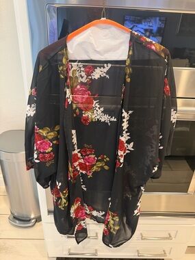 Amazon Black Sheer Floral Kimono Coverup with Red Roses